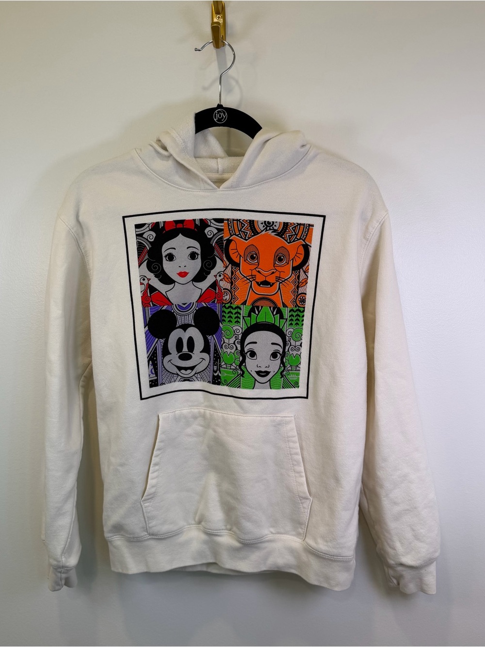 Disney 100 Cream Pullover Hoodie Sweatshirt Junior Lg 11-13 Mickey Tiana Simba